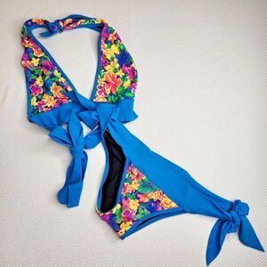 Strings By Judith Custom Bikini Swim Suit S Blue Tropical Flower Scrunch Butt